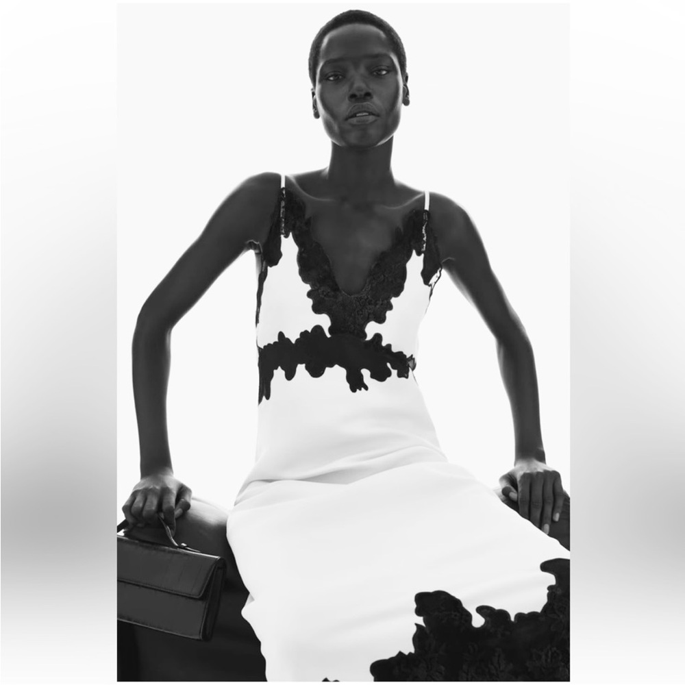 H&M White Midi Slip Dress with Black Lace Trim - Picture 6 of 9